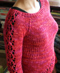 Niobe: Lacy bell-sleeve pullover sweatter; Malabrigo Silky Merino Yarn color 158 amoroso