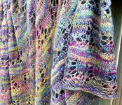 handknit lace wrap, shawl, scarf; Malabrigo Silky Merino Yarn, color 866 arco iris