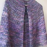 knitted cardigan sweater jacket; fingerless mittens, gloves; Malabrigo Silky Merino Yarn, color 436 Atardecer