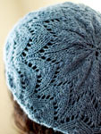handknit hat, cap, lacey beret; Malabrigo Silky Merino Yarn color 414 cloudy sky