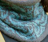 hand knit cowl neck two-color scarf; Malabrigo Silky Merino Yarn, color smoke & green gray
