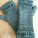 hand knit hat, cap and fingerless gloves, mittens; Malabrigo Silky Merino Yarn, color 411 green gray