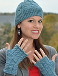 hand knit hat, cap and fingerless gloves;
