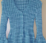 hand knit ribbed cardigan sweater; Malabrigo Silky Merino Yarn, color 411 green gray