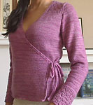 Silk Cocoon cardigan for Sandy wrap tie sweater; Malabrigo Silky Merino Yarn color 426 plum blossom