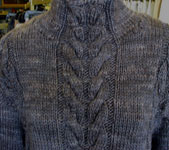 pullover cable sweater knitting pattern; Malabrigo Silky Merino Yarn color smoke