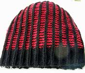 hand knit cap, hat; Malabrigo Worsted Yarn color black & ravelry red