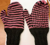handknit mittens; Malabrigo Worsted Yarn color black & shocking pink