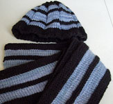hand knit striped scarf and hat set; Malabrigo Worsted Yarn color black & stone blue