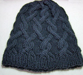 knitted cable hat; open cardigan sweater; Malabrigo Worsted Merino Yarn, color blue graphite #508, cardigan sweater