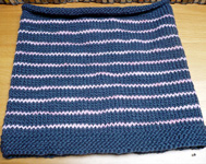 knitted striped cowl neck scarf; child's hat, cap; pullvoer cabled sweater; Malabrigo Worsted Yarn, color blue graphite #508