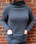 pullover cowl neck sweater; Malabrigo Worsted Yarn, color blue graphite #508