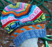 handknit mulit-color hat, cap, tam, beret; Malabrigo Merino Worsted Yarn color bobby blue, stone blue, VAA & shocking pink