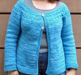 handknit long sleeve scooped neck cardigan; Malabrigo Merino Worsted Yarn color bobby blue