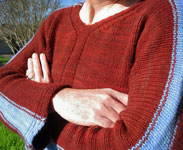 handknit men's crewneck pullover; Malabrigo Worsted Yarn, color 41 burgundy