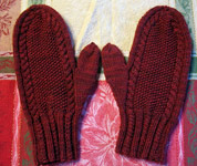 handknit cabled mittens; Malabrigo Worsted Yarn, color 41 burgundy