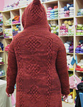 handknit hooded coat; Malabrigo Worsted Yarn, color 41 burgundy