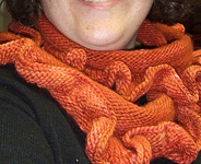 hand-knit ruffled scarf; Malbrigo Worsted Merino, color 194 cinnabar