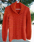 Shawl collared aran pullover sweater with center cables; Malbrigo Worsted Merino, color 194 cinnabar