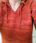 Hooded tunic sweater; Malbrigo Worsted Merino, color 194 cinnabar