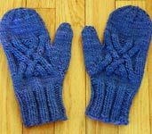 handknit cabled mittens, gloves; Malabrigo Worsted Merino Yarn color indigo 88