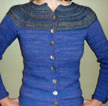 handknit crewneck yoked cardigan sweater; Malabrigo Worsted Merino Yarn color indigo 88