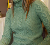 cabled pulliover sweater by Melissa Leapman; Malabrigo Merino Worsted Yarn, color 506 mint