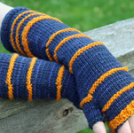 handknit fingerless gloves, mittens; Malabrigo Merino Worsted Yarn, color paris night & orange