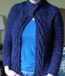 handknitted open cable sweater; Malabrigo Merino Worsted Yarn, color paris night