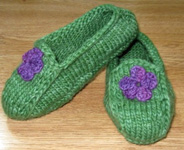 handknit slippers; Malabrigo merino Worsted Yarn, color 117 verde adriana