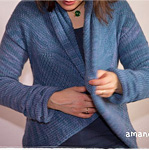 knitted cardigan;  Malabrgo Merino Worsted yarn, color stone blue 99