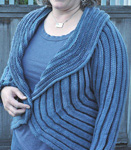 knitted shawl collar cardigan; Malabrgo Merino Worsted yarn, color stone blue #99