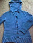 Hooded pullover sweater; Malabrgo Merino Worsted yarn, color stone blue #99