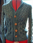 knitted cardigan cabled sweater; Malabrgo Merino Worsted yarn, color stone blue #99