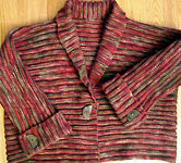 handknit striped shawl collar cardigan sweater; Malabrigo Merino Worsted Yarn color stonechat