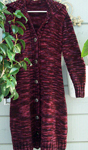 Malabrigo Worsted Yarn, color 204 velvet grapes, long cardigan sweater