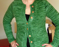 Maude Louise handknit cardigan free knitting pattern; Malabrigo merino Worsted Yarn, color 117 verde adriana