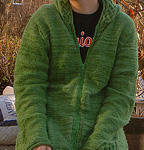zippered cardigan sweater with hood in Malabrigo merino Worsted Yarn, color 117 verde adriana