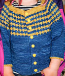 Hand knit child's cardigan sweater with Malabrigo Merino Sock Yarn color impressionist sky and ochre