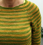 Hand-knit striped pullover sweater with Malabrigo Merino Sock Yarn color lettuce and ochre