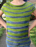 Hand-knit striped pullove sweater using Malabrigo Merino Sock Yarn colors persia and lettuce