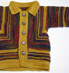 Hand-knit striped child's cardigan sweater made with Malabrigo Merino Sock Yarn color ochre