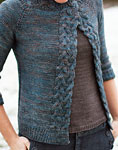 Hand-knit cabled cardigan using Malabrigo Merino Sock Yarn color persia