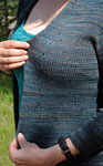 Hand-knit open front cardigan sweater using Malabrigo Merino Sock Yarn color persia