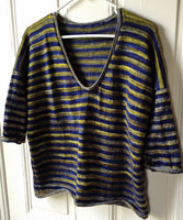 Hand knit v-neck pullover striped sweater knit with Malabrigo Merino Sock Yarn colors cote d'azure and turner