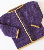 Eole child's cardigan sweater knit with Malabrigo Merino Sock Yarn colors violeta africana and ochre