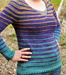 Hand-knit long-sleeved striped pullover sweater knit with Malabrigo Merino Sock Yarn colors solis and piedras
