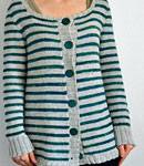 Hand-knit long-sleeved striped cardigan sweater knit with Malabrigo Merino Sock Yarn colors solis and gray