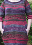 Multi-color Sweater Dress hand knit with Malabrigo Merino Sock Yarn color stonechat, tiziano red, eggplant and rayon vert