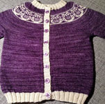hand knit cardigan with Malabrigo sock yarn color violeta africana & natural